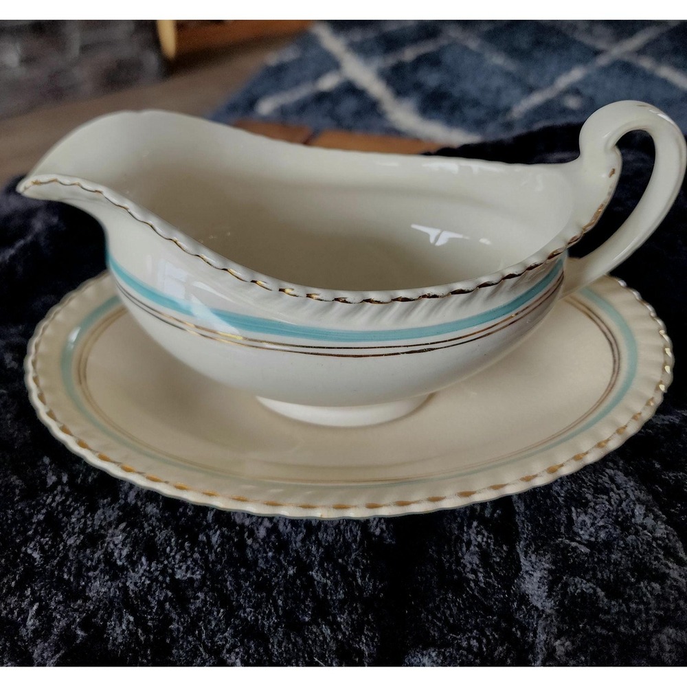 Vintage Johnson Brothers Gravy Boat Old English Aqua Band Gold Trim Ironstone